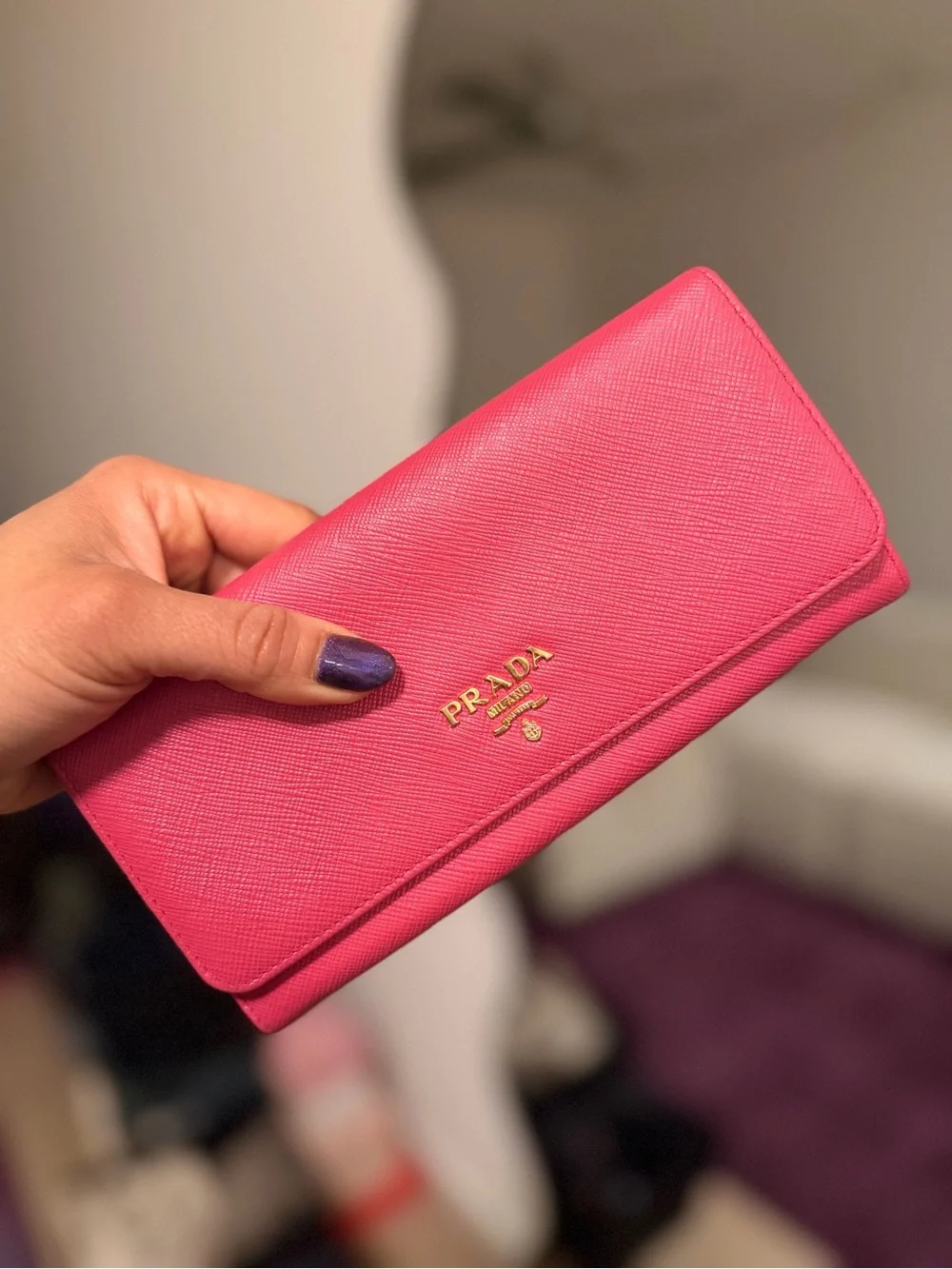 Prada Pink Saffiano Leather Continental Long Wallet Gold Logo Bifold